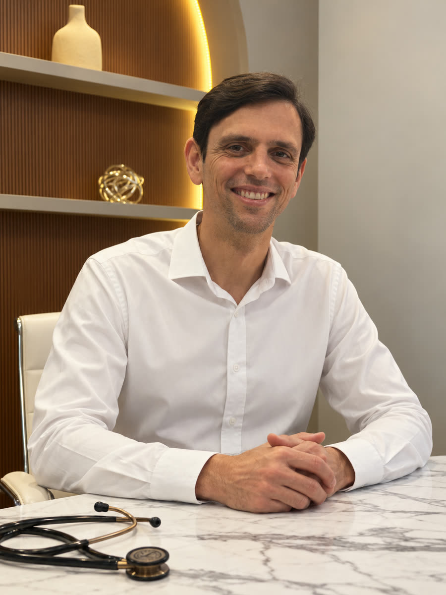 Dr. Diogo Vinicius à mesa do consultório